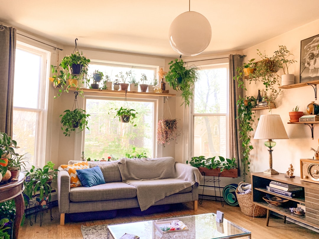 Cozy living room with sunlight streaming through the window, showcasing energy-efficient curtains and plants.